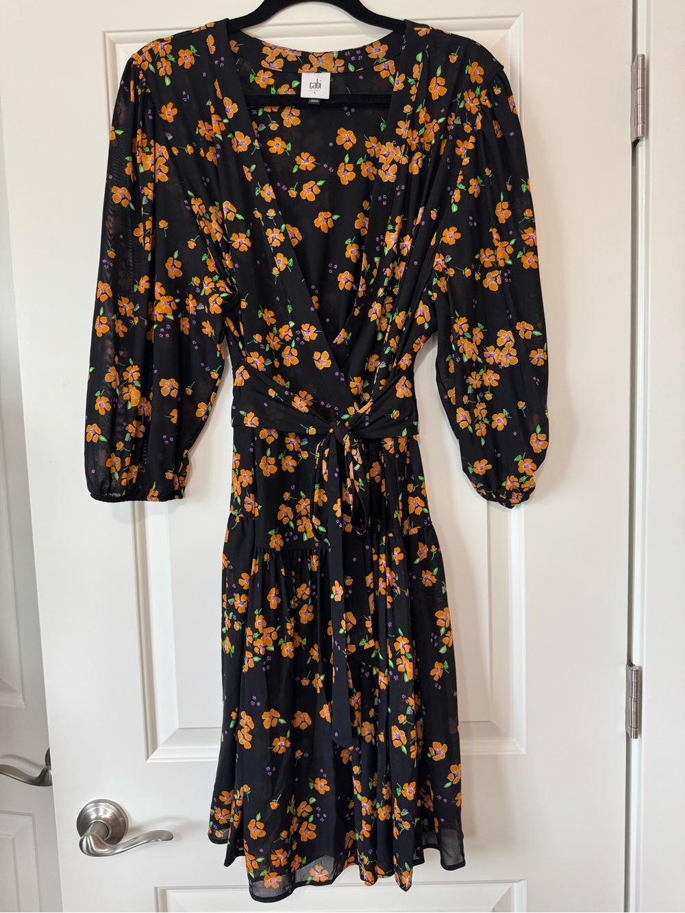 CAbi Black Midi Wrap Dress with Orange Floral Print